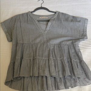 XiRENA Striped Tiered V-Neck Top - Gray and White